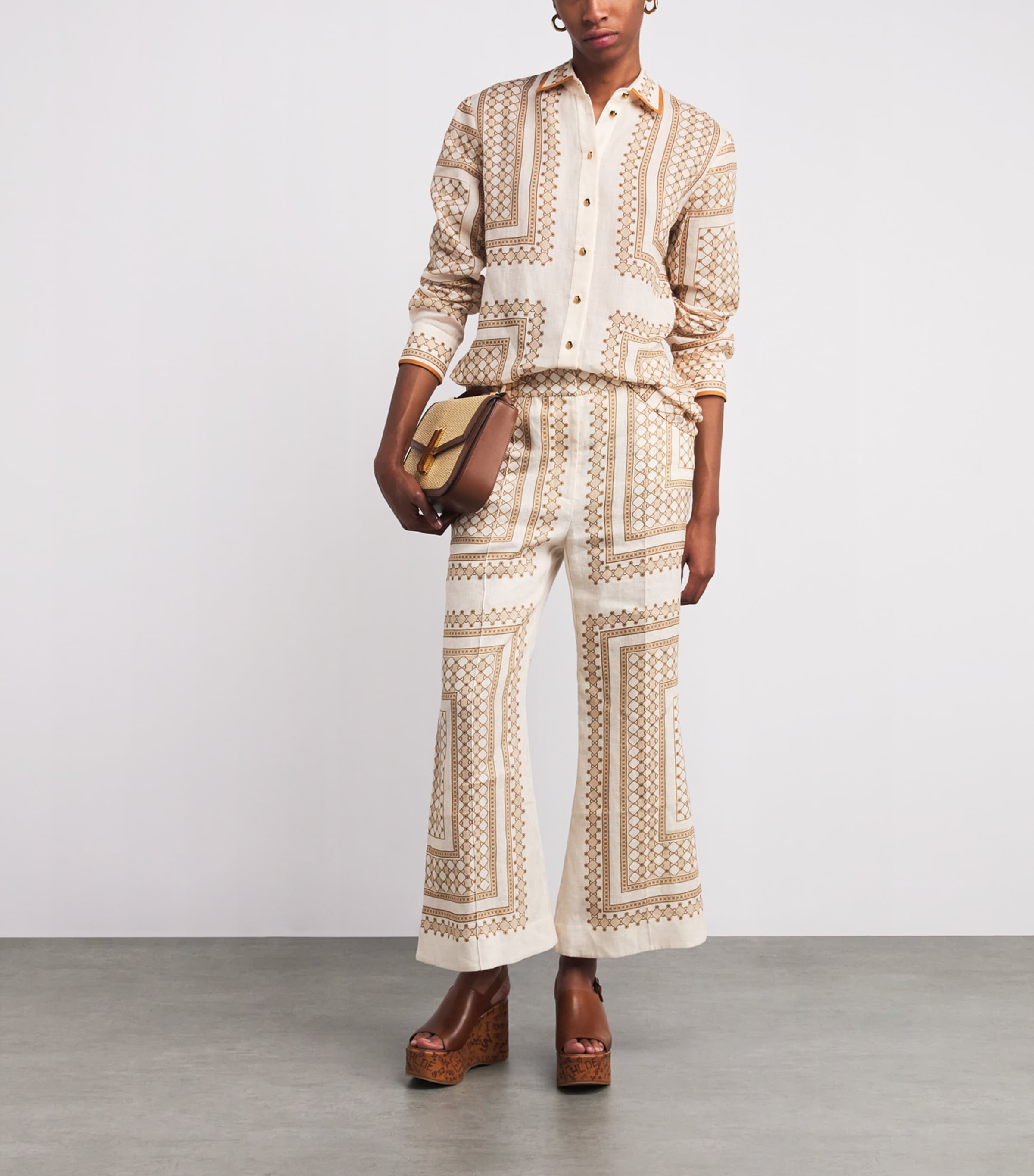 Zimmermann Nude Linen Geometric Crop Wide-Leg Trousers