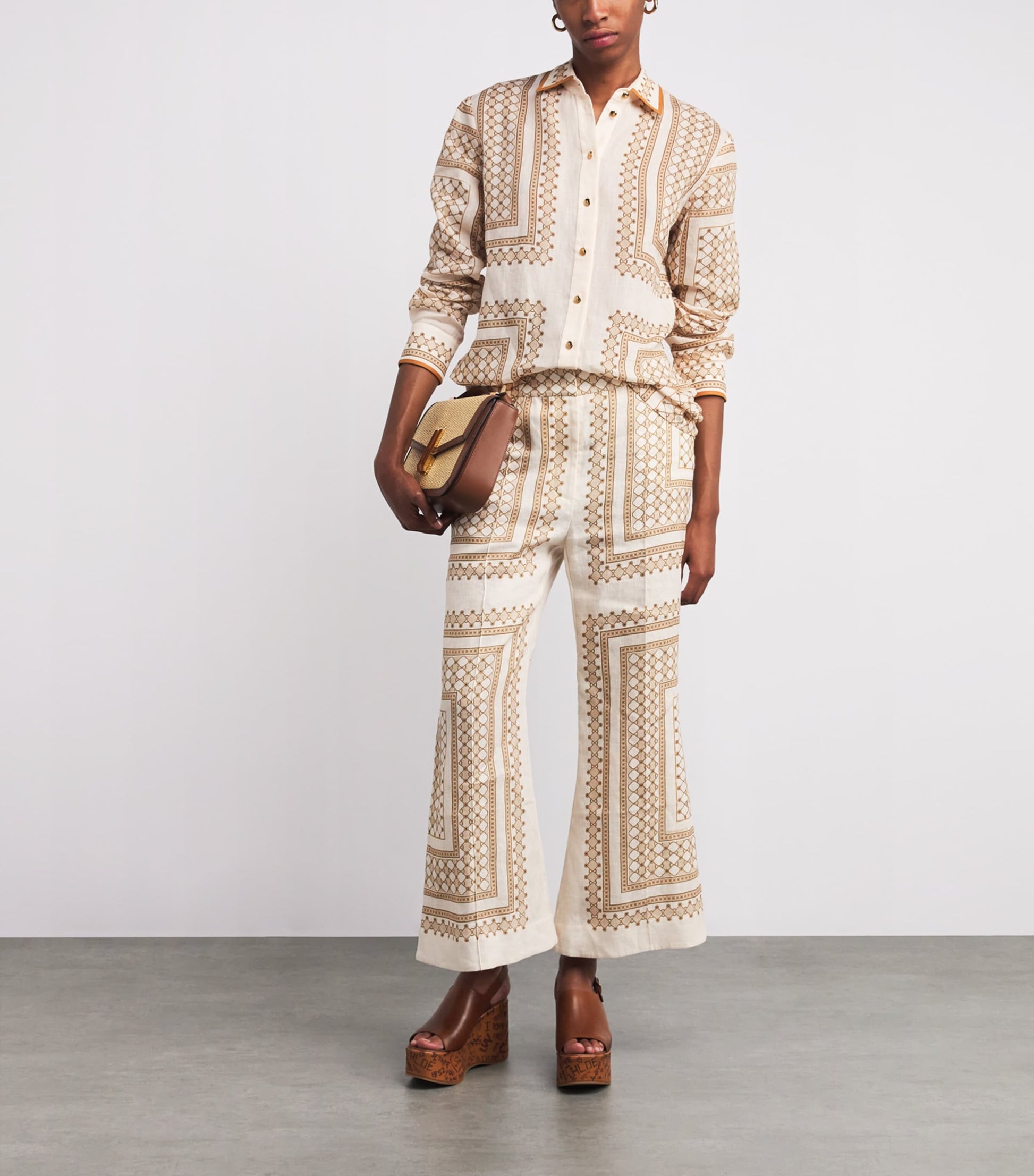 Zimmermann Nude Linen Geometric Crop Wide-Leg Trousers