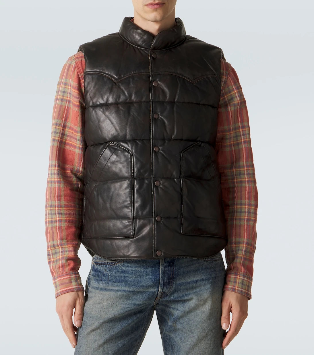 RRL - Reversible leather and cotton puffer vest