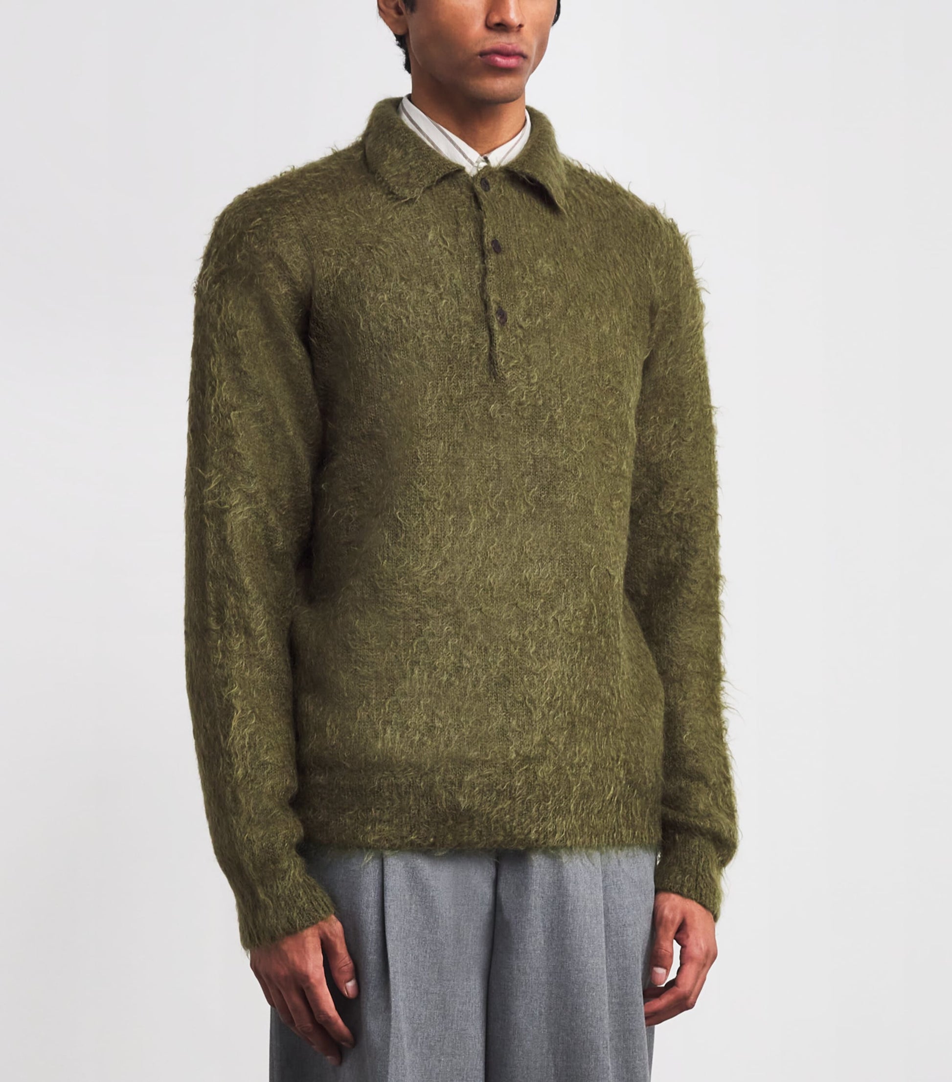 Auralee Green Super Kid Mohair-Wool Brushed Polo Sweater