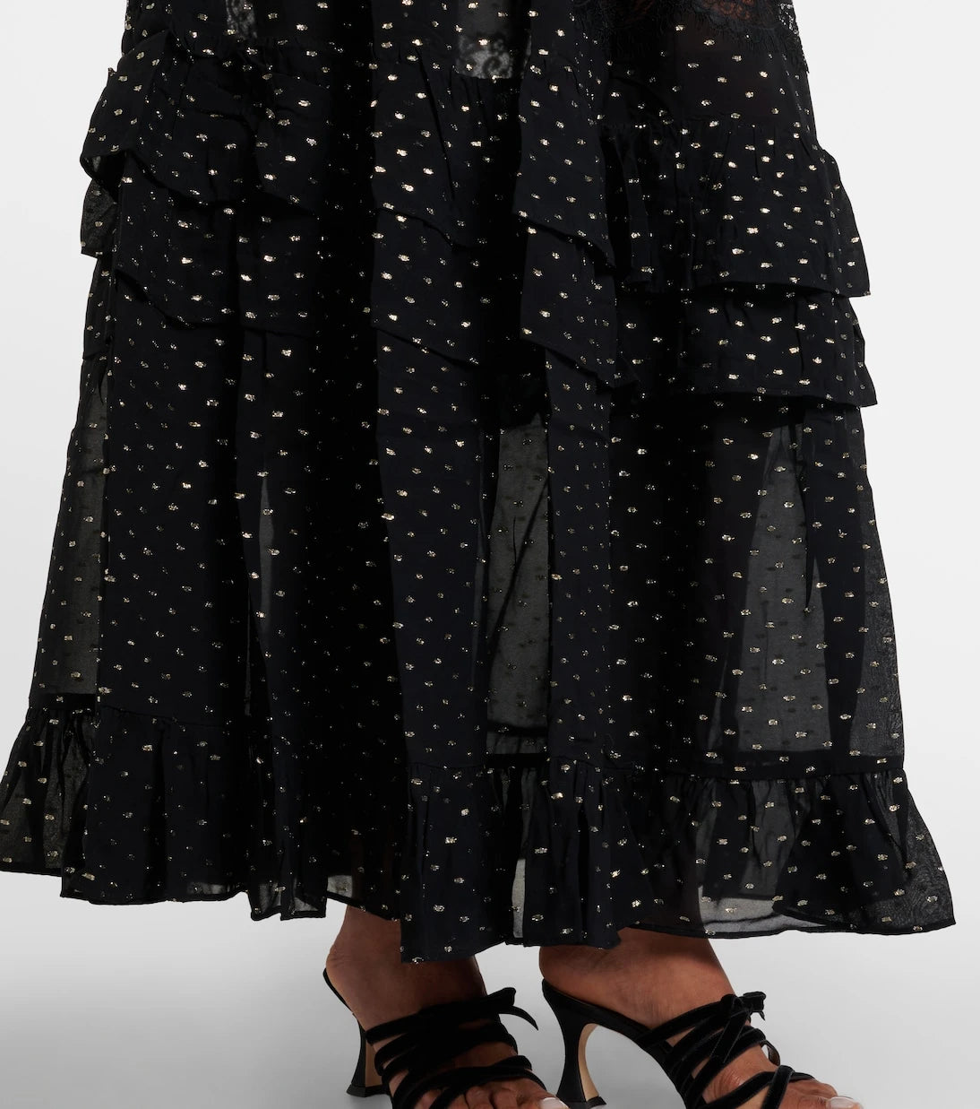 Self-Portrait - Lace-trimmed polka-dot chiffon maxi skirt