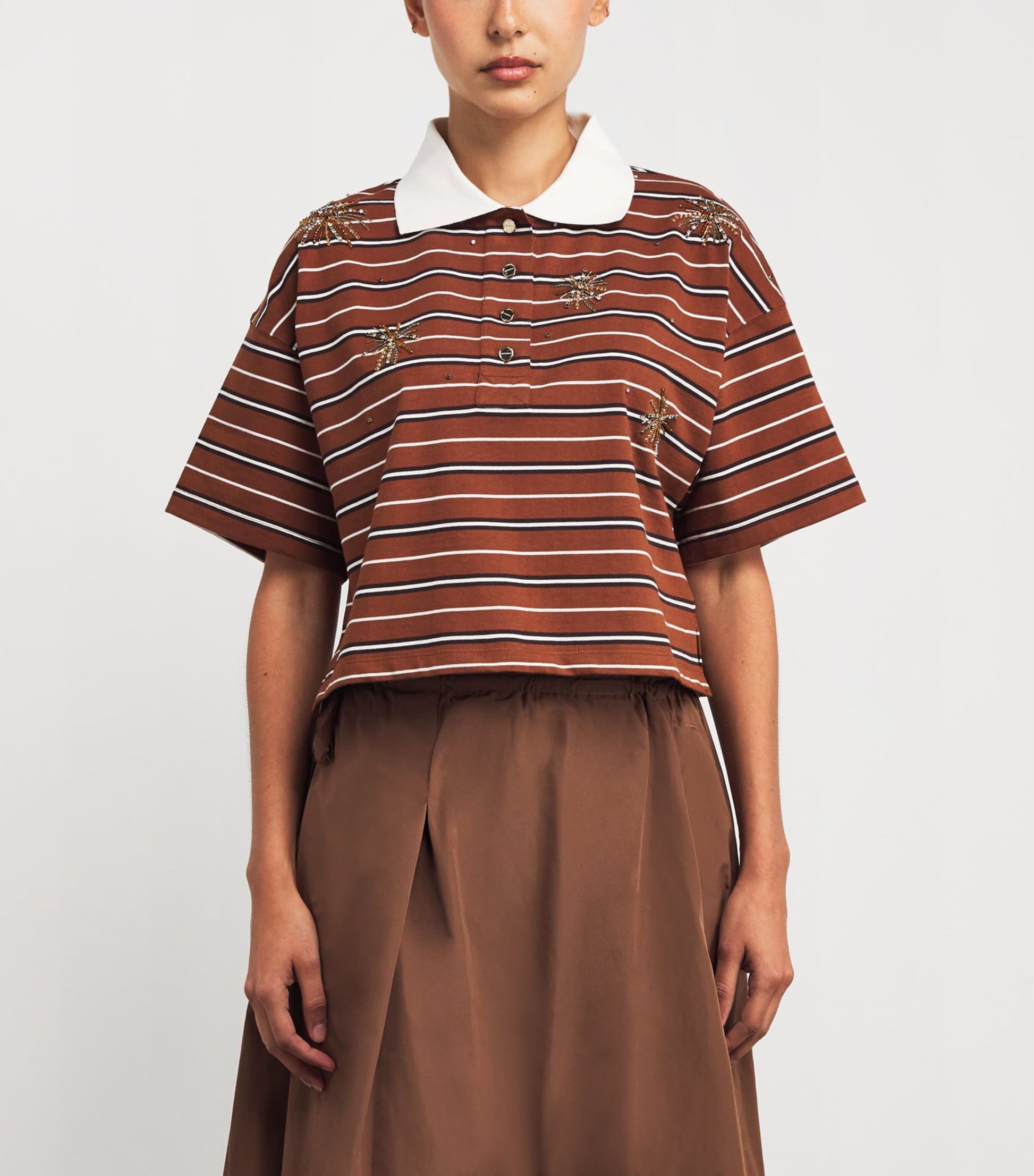 Brown Cotton Stripe Embellished Polo Shirt