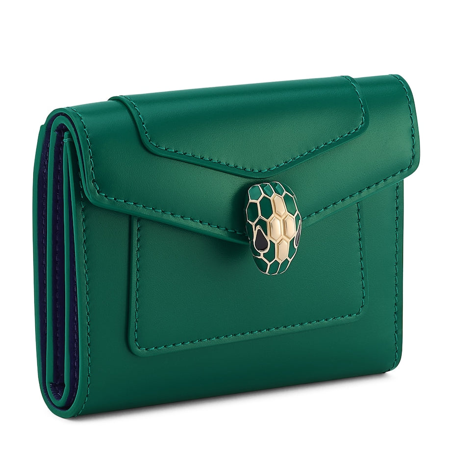 Bvlgari Green Leather Serpenti Forever Slim Compact Wallet