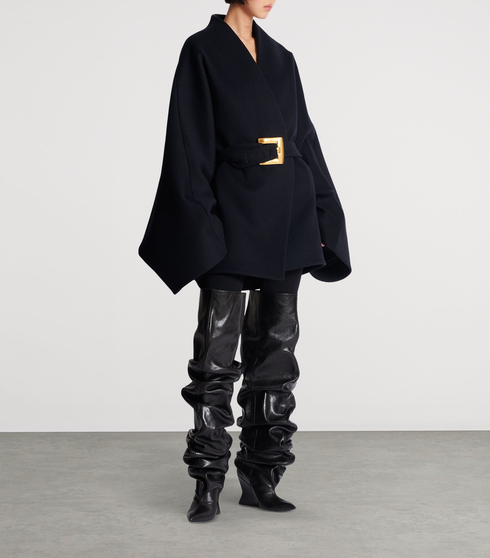 Navy Wool-Blend Oversized Wrap Coat