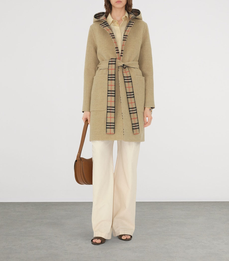 Burberry Beige Wool Reversible Hooded Wrap Coat
