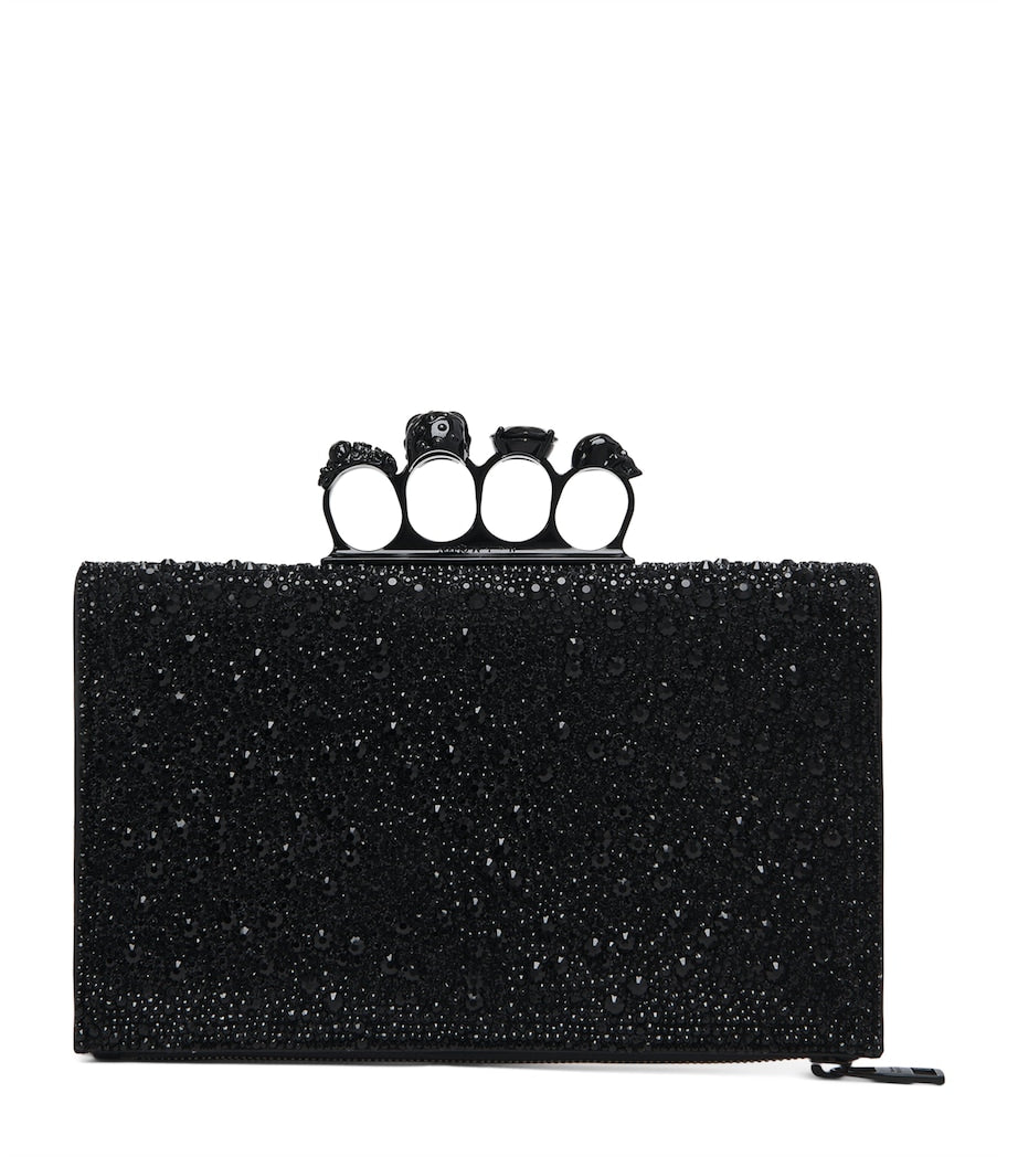 McQueen Black Suede Embellished Four-Ring Clutch Bag