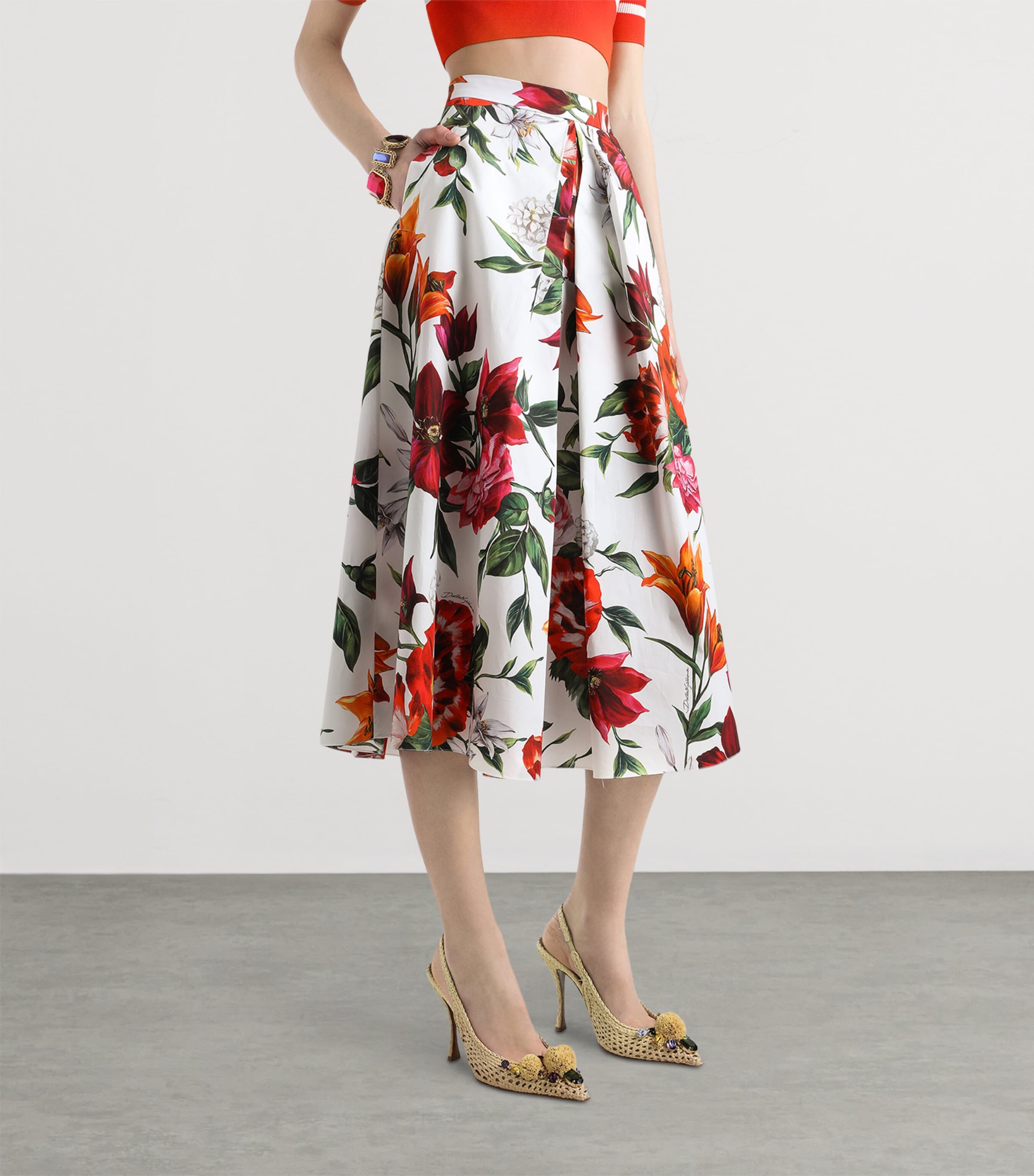 Multi Cotton Poplin Pleated Floral Print Midi Skirt