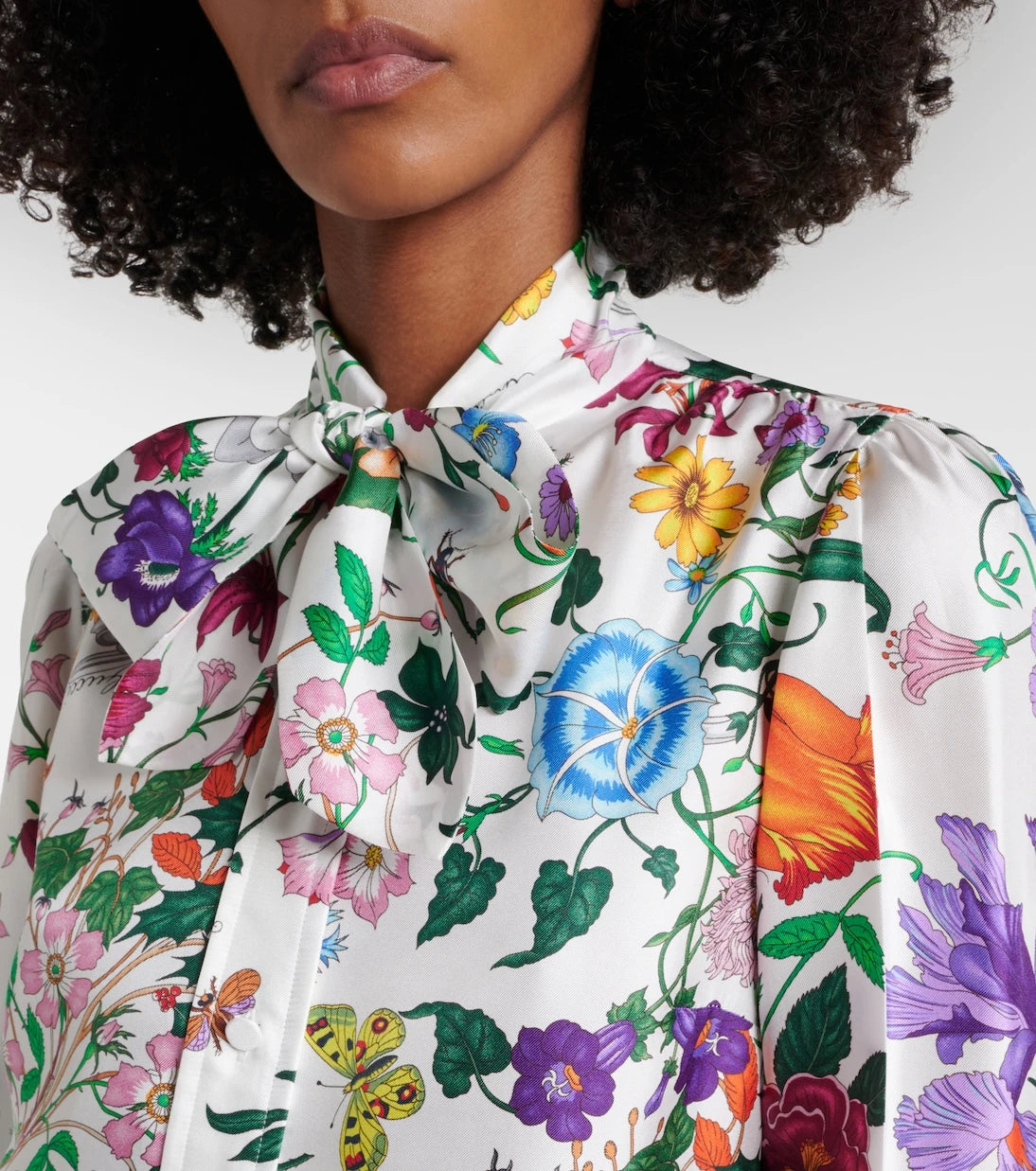 Gucci - Floral tie-neck silk twill shirt