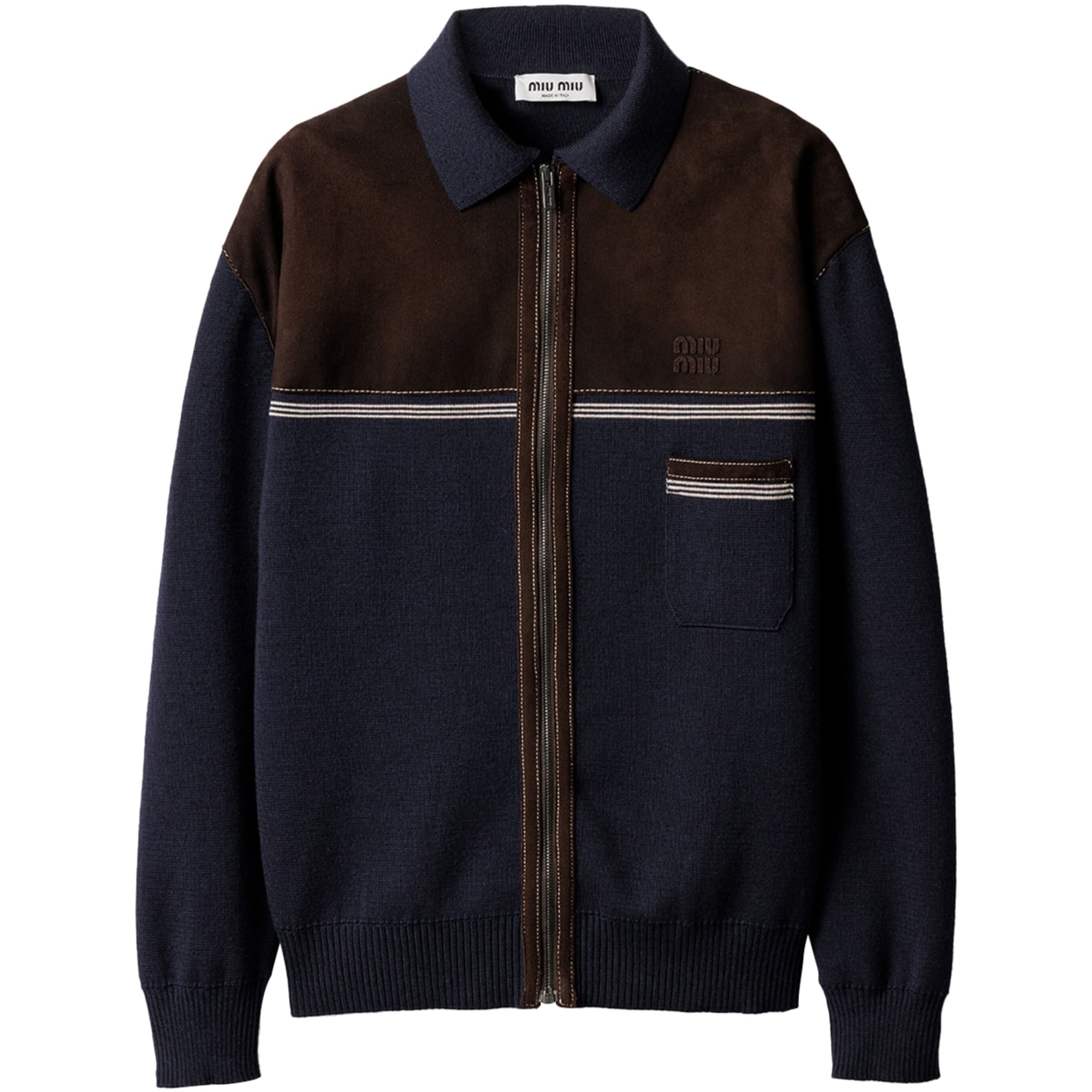 Blue Wool Suede-Trim Cardigan