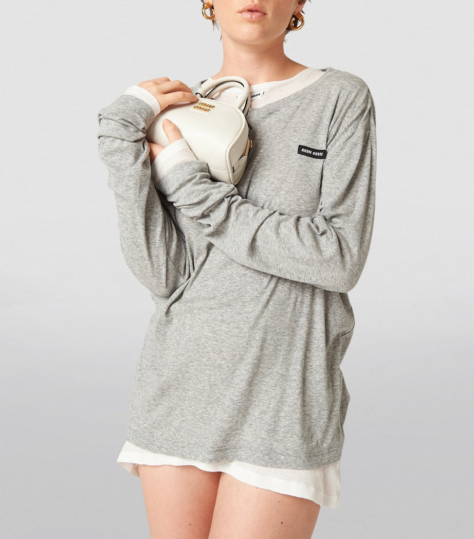 Miu Miu Grey Logo-Patch Long-Sleeve T-Shirt