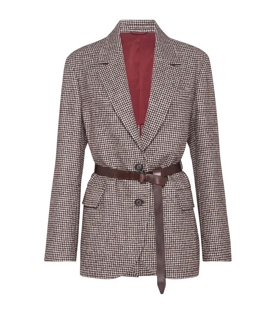 Brunello Cucinelli Brown Wool-Alpaca Houndstooth Belted Blazer