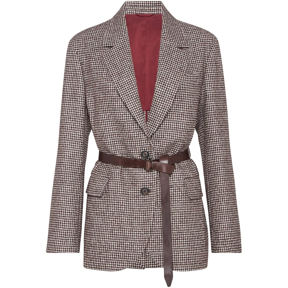 Brunello Cucinelli Brown Wool-Alpaca Houndstooth Belted Blazer