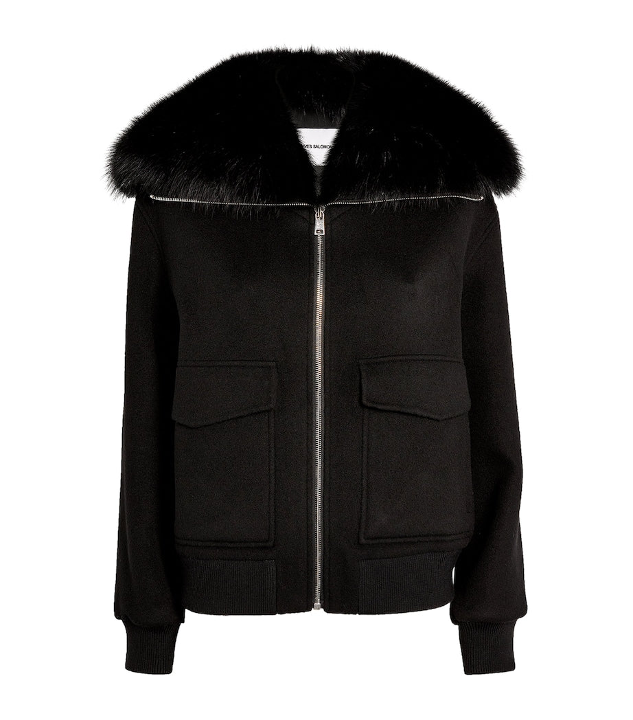 Yves Salomon Black Fur-Collar Bomber Jacket