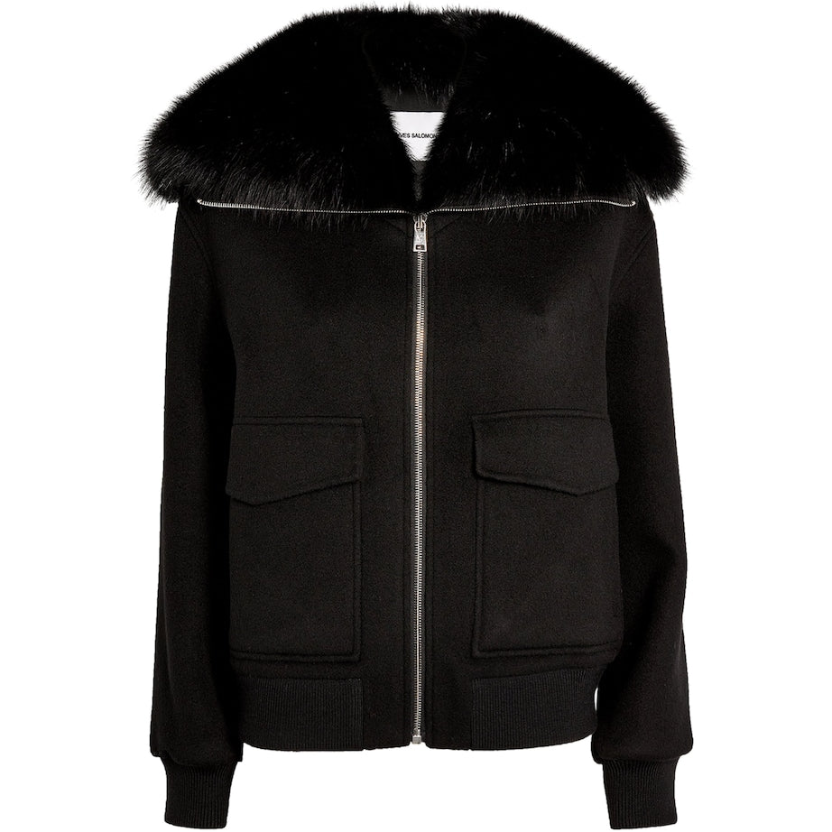 Yves Salomon Black Fur-Collar Bomber Jacket