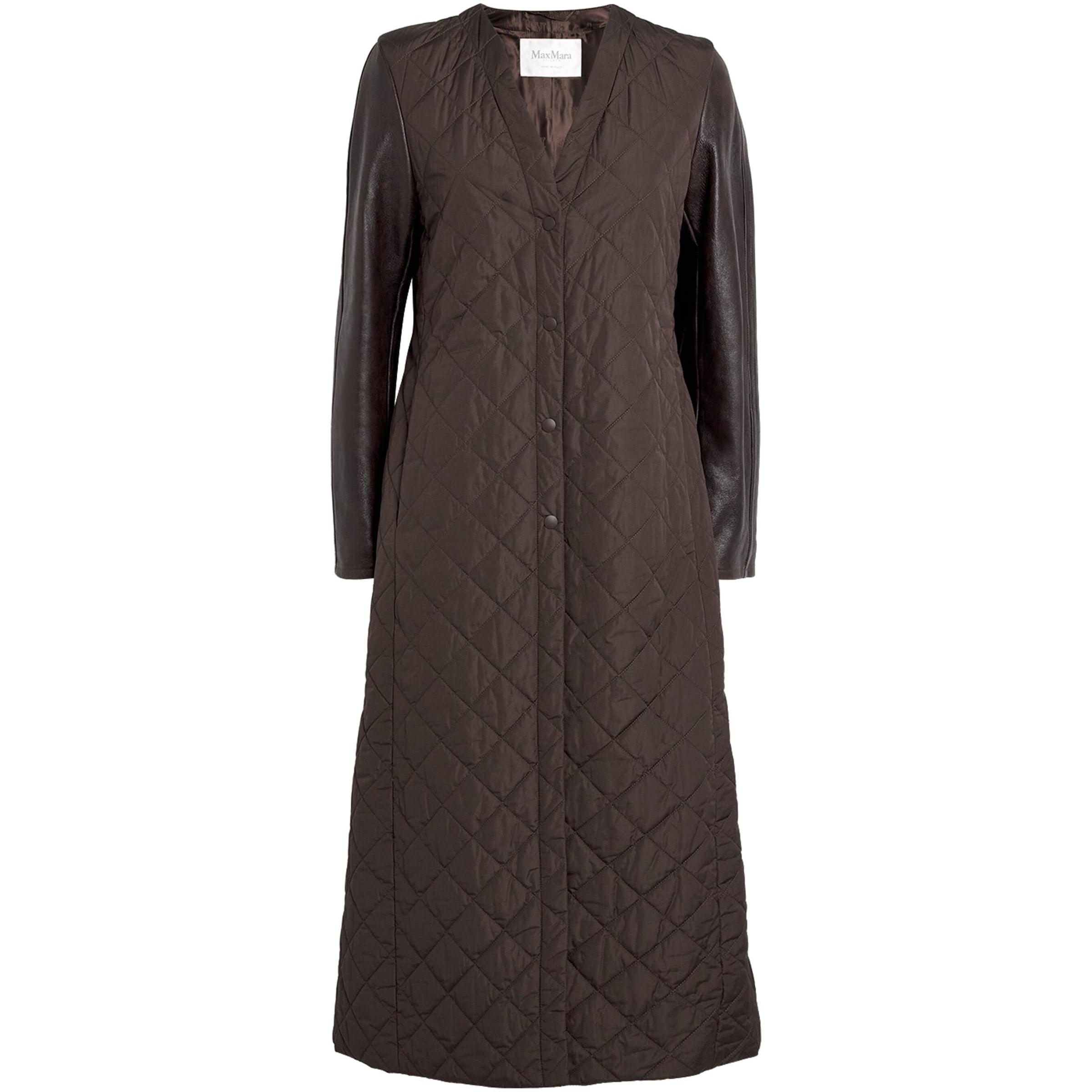 Max Mara Brown Leather-Sleeve Quilted Coat