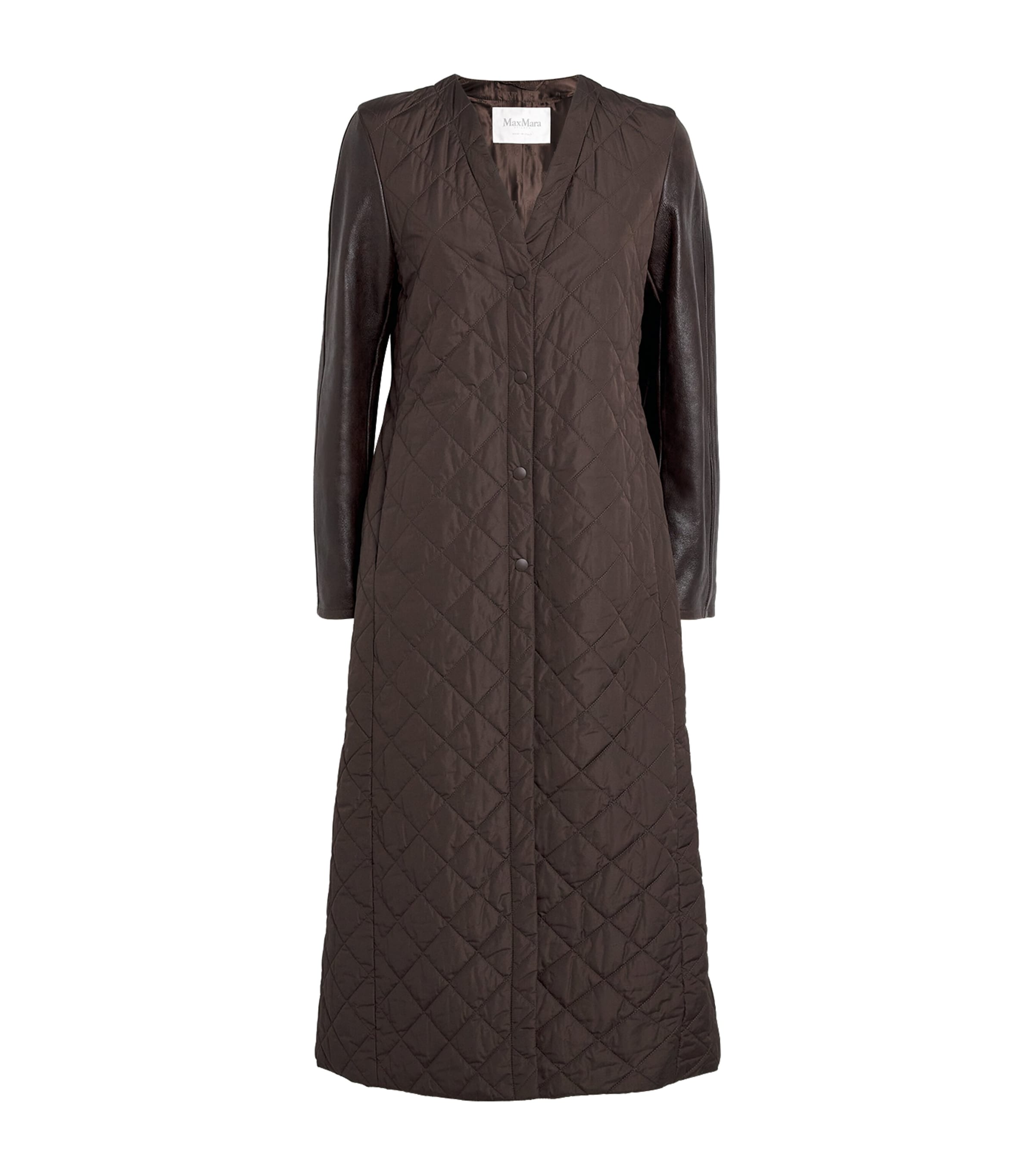 Max Mara Brown Leather-Sleeve Quilted Coat