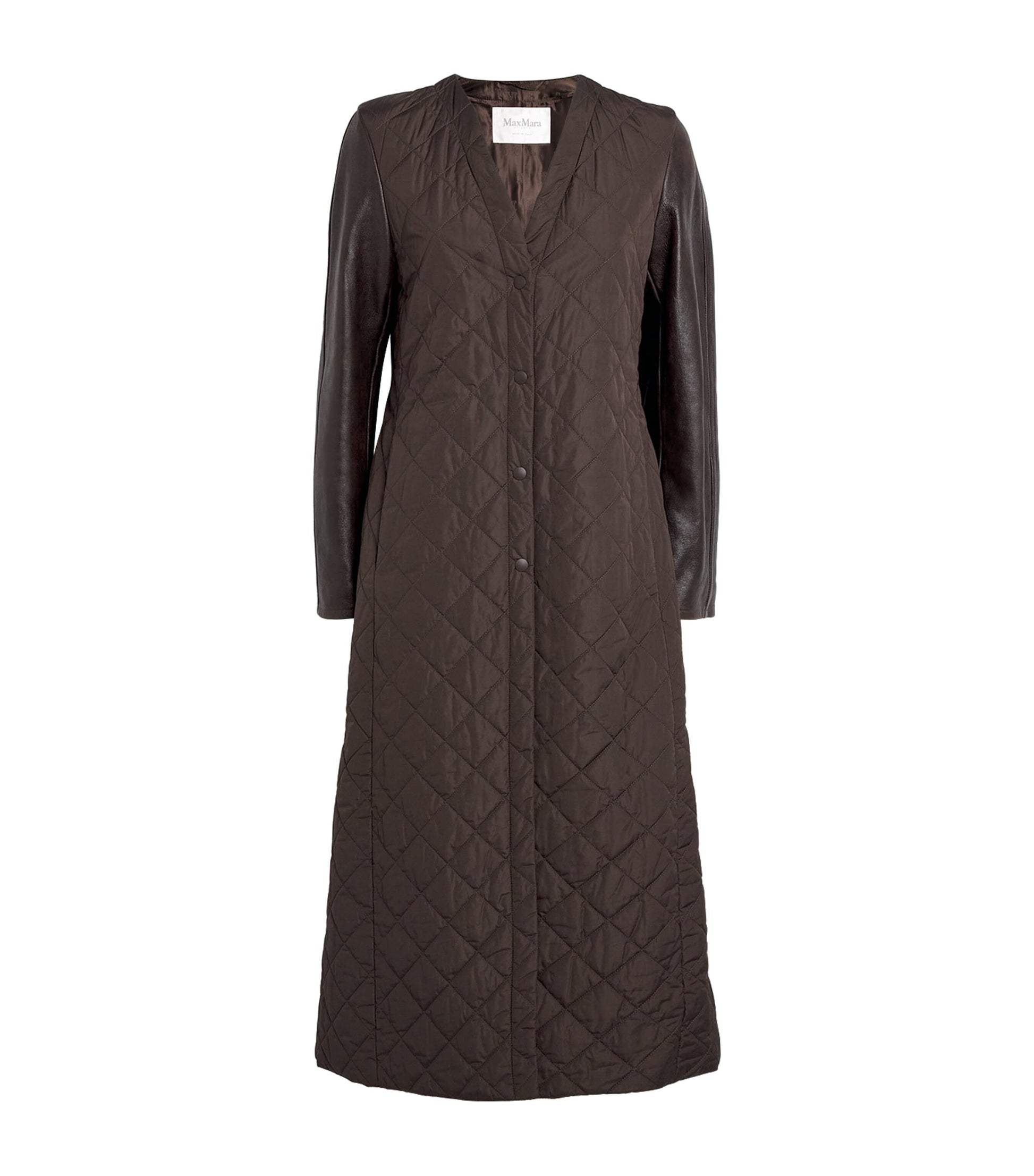 Max Mara Brown Leather-Sleeve Quilted Coat