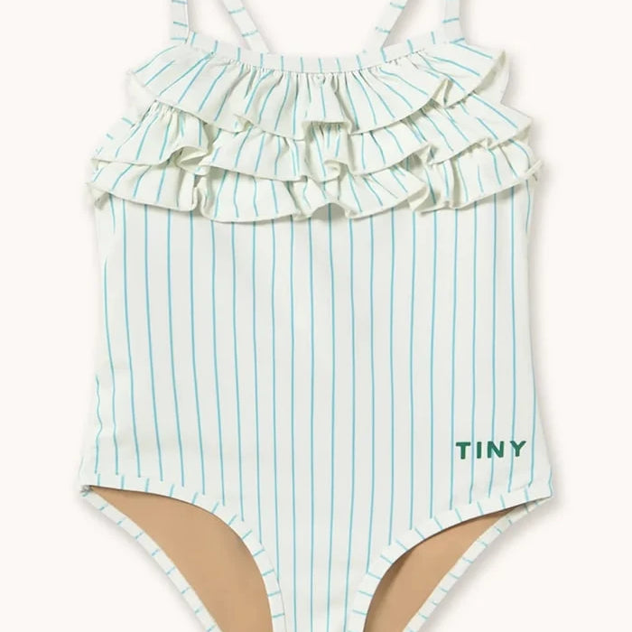 Детски цял бански Tinycottons CYAN FINE STRIPES SWIMSUIT