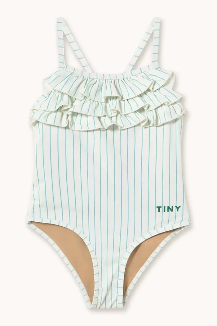 Детски цял бански Tinycottons CYAN FINE STRIPES SWIMSUIT
