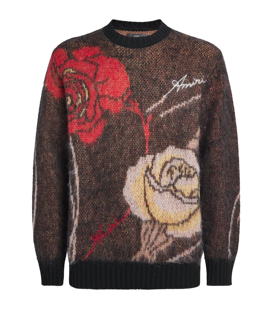 AMIRI Black Mohair-Wool-Blend Floral Sweater