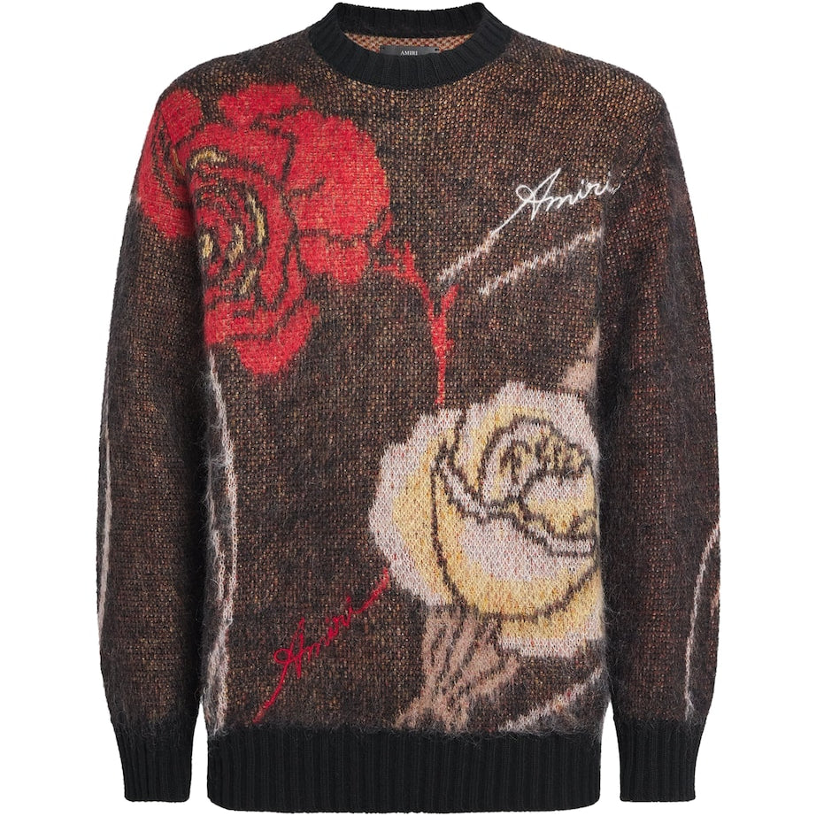 AMIRI Black Mohair-Wool-Blend Floral Sweater