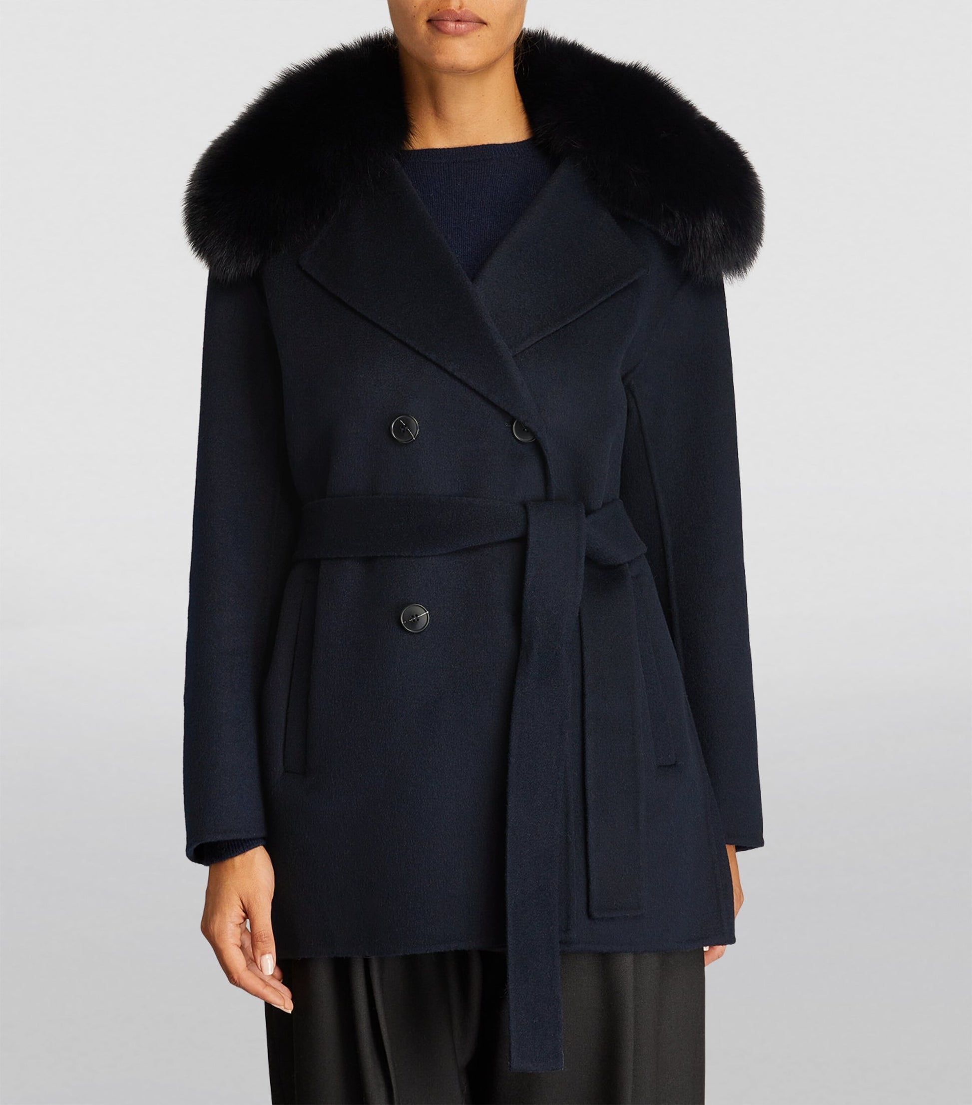 Yves Salomon Blue Wool-Cashmere Fur-Trim Coat