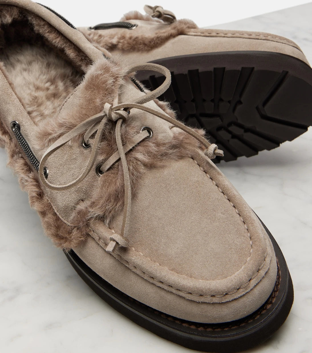 Brunello Cucinelli - Monili shearling-trimmed suede boat shoes