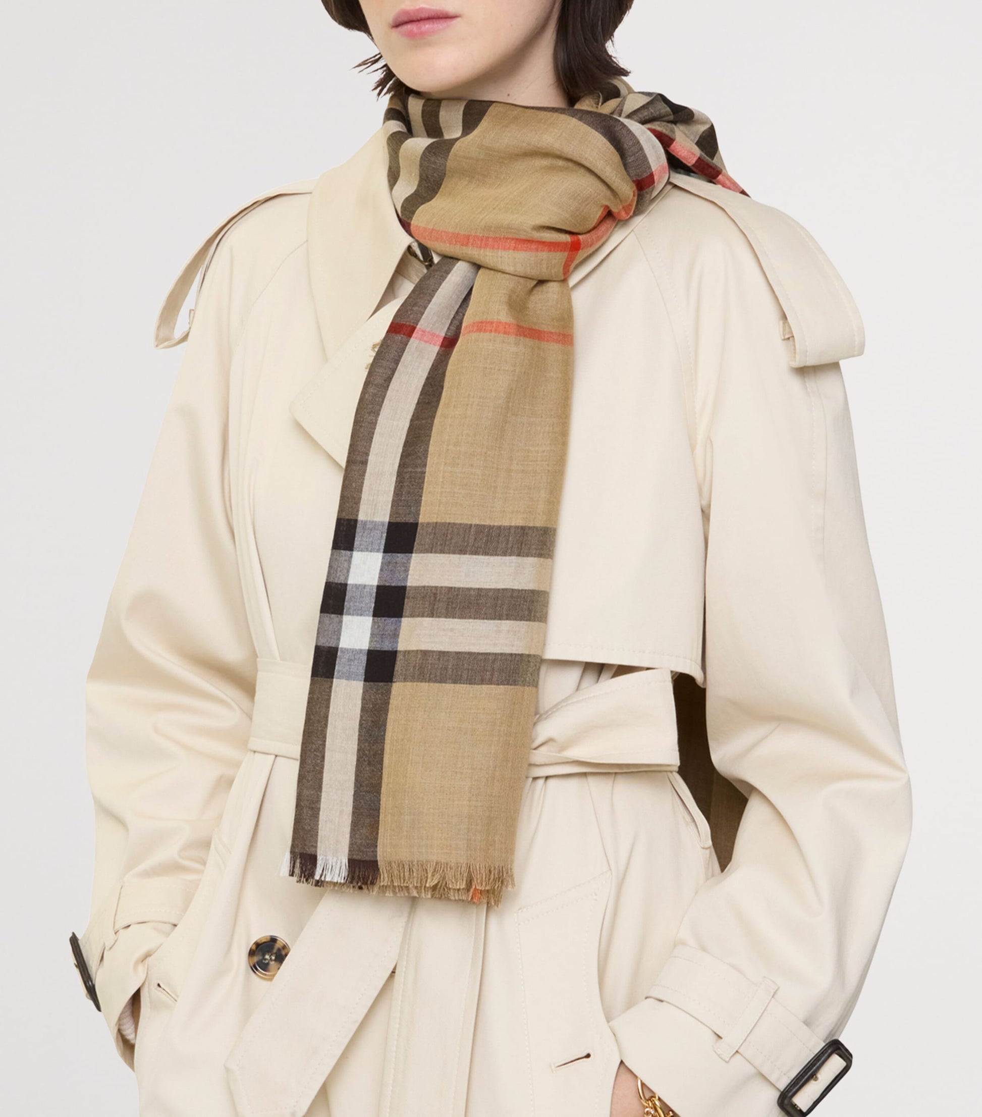 Beige Wool-Silk Reversible Check Scarf