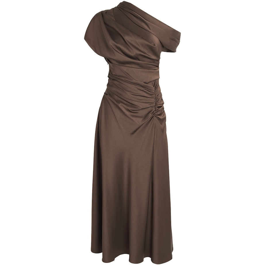 Simkhai Brown Satin Asymmetric Joanna Midi Dress