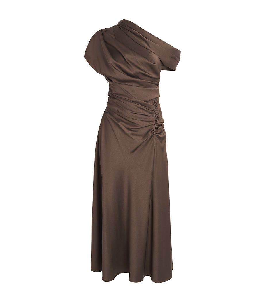 Simkhai Brown Satin Asymmetric Joanna Midi Dress