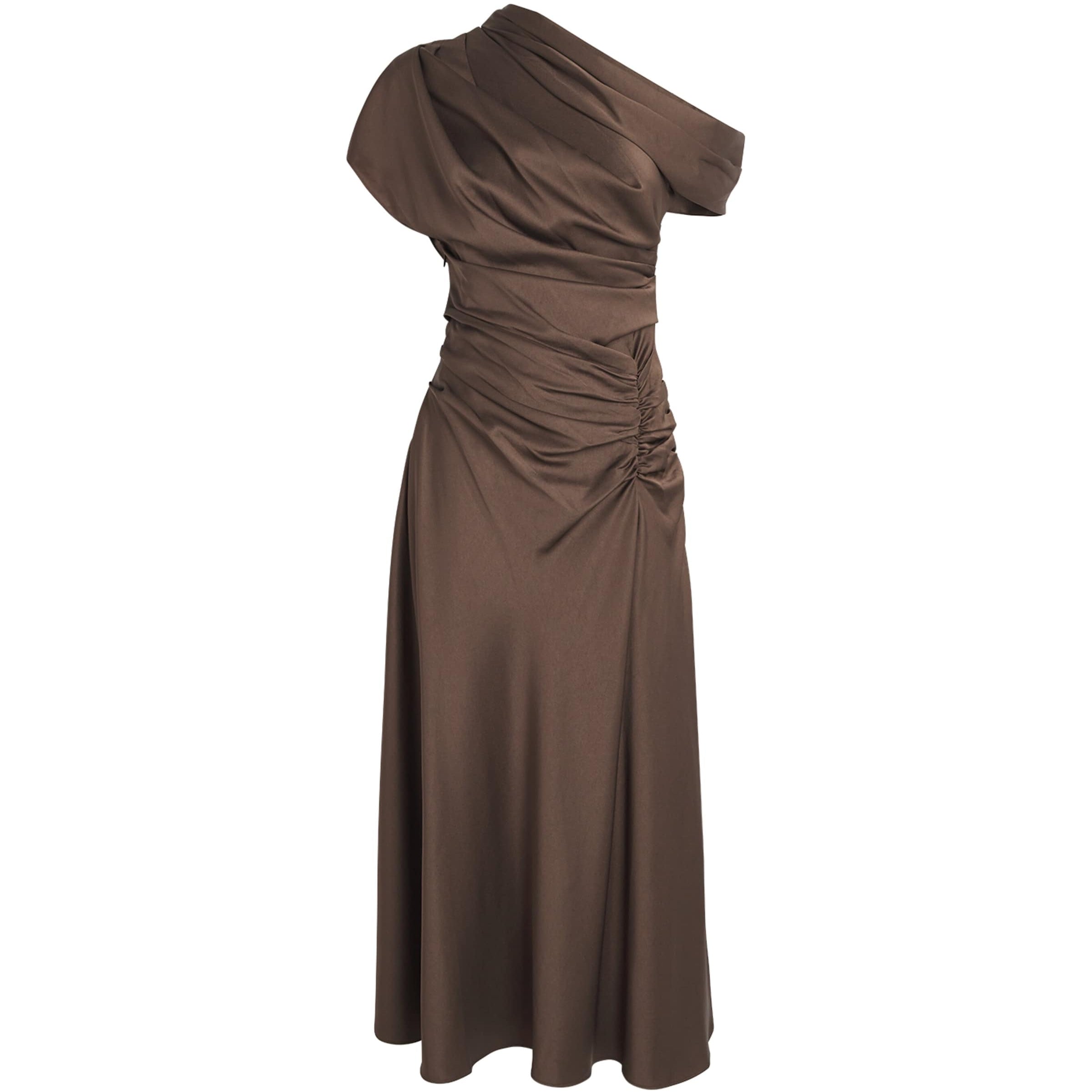 Simkhai Brown Satin Asymmetric Joanna Midi Dress