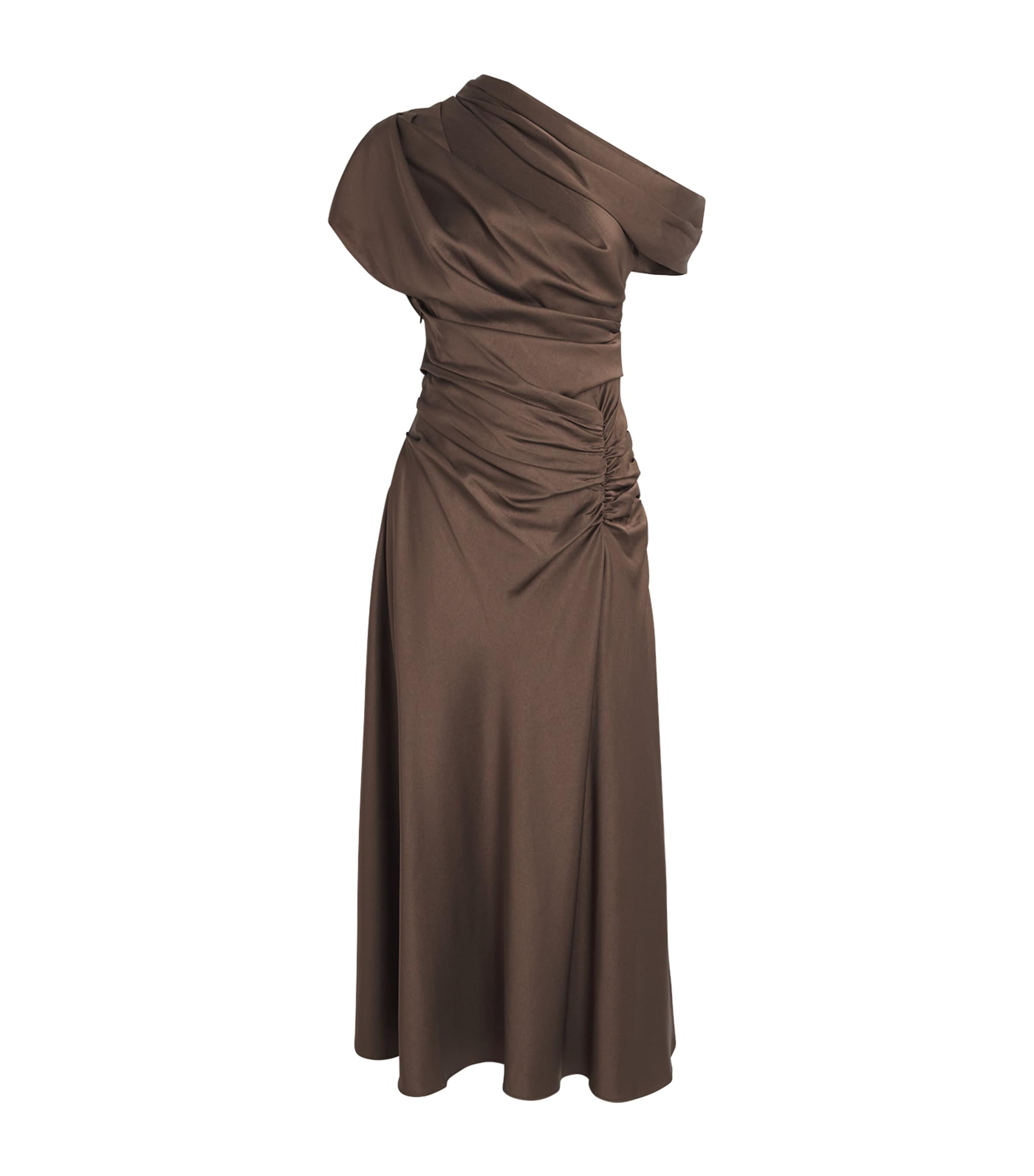 Simkhai Brown Satin Asymmetric Joanna Midi Dress