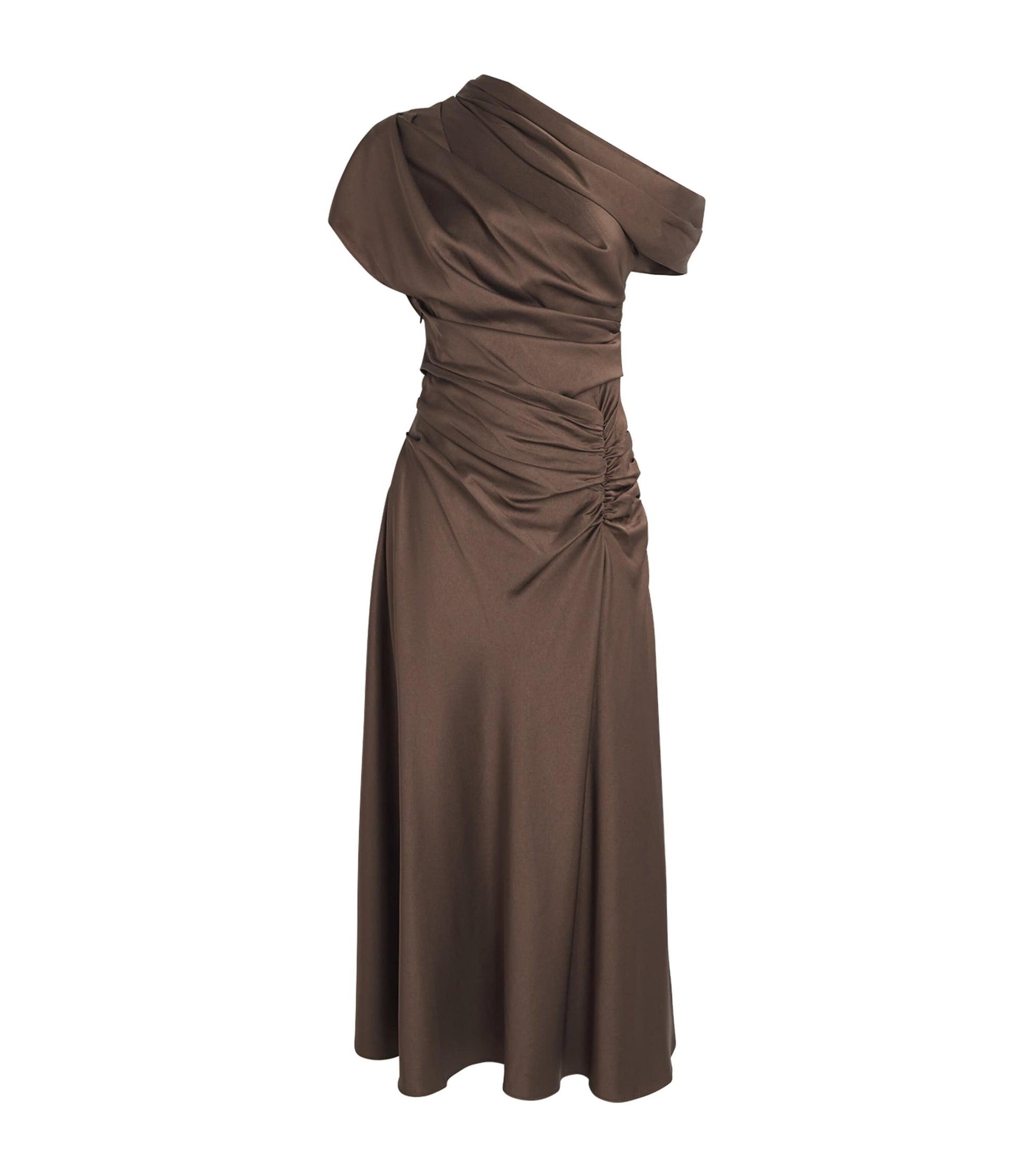Simkhai Brown Satin Asymmetric Joanna Midi Dress