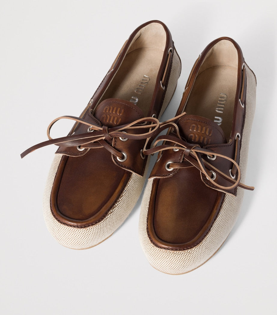 Miu Miu Neutral Canvas and Bleached Leather Boat Shoes