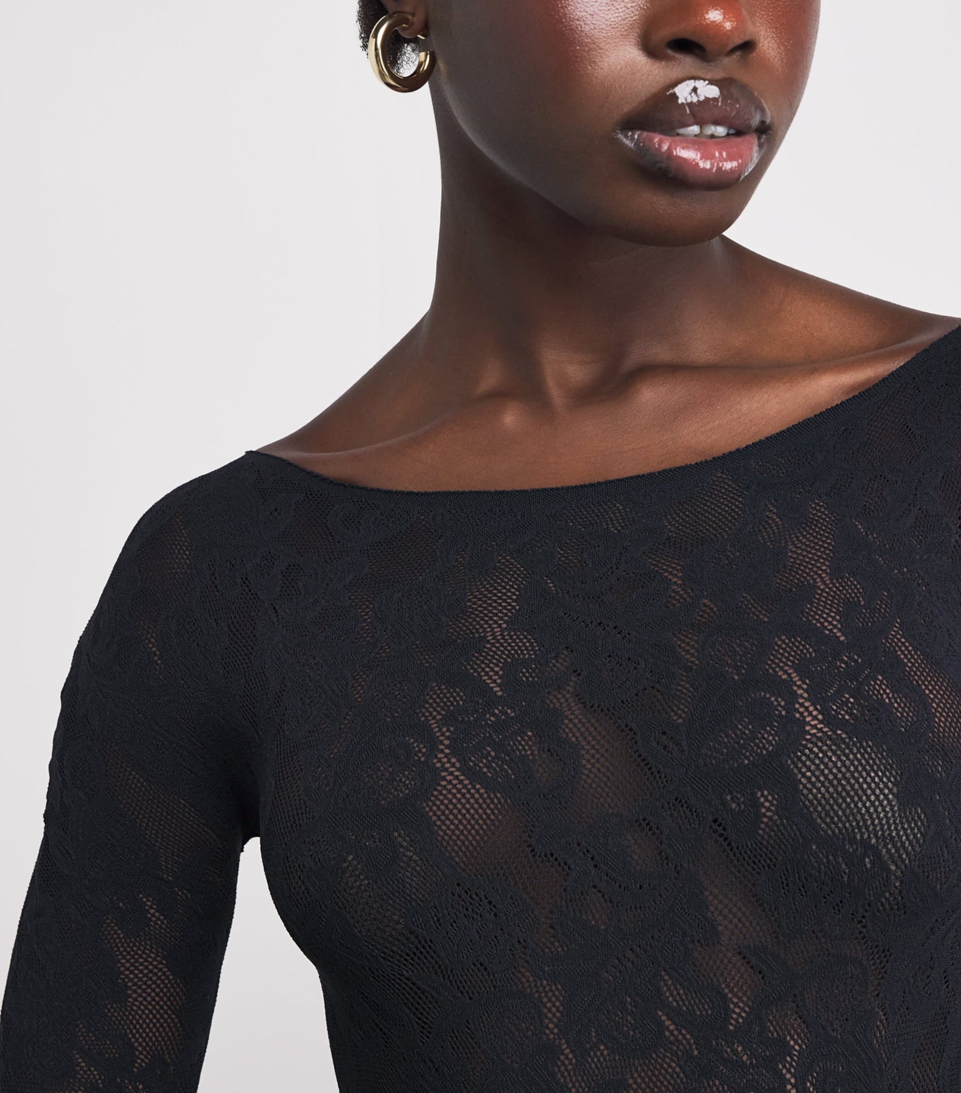 Skims Black Lace Boat-Neck Long-Sleeve T-Shirt