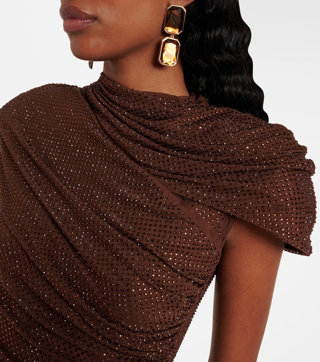 Self-Portrait - Crystal-embellished draped mesh top