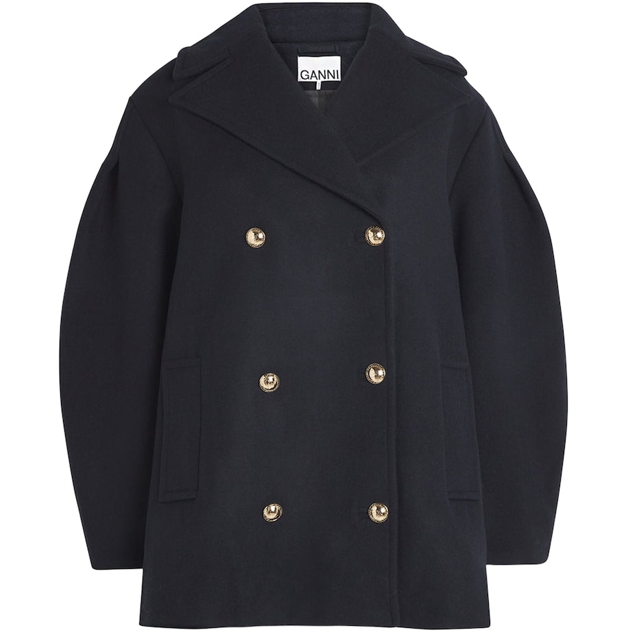 GANNI Black Recycled Wool-Blend Midi Pea Coat