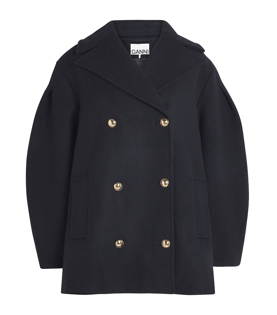 GANNI Black Recycled Wool-Blend Midi Pea Coat