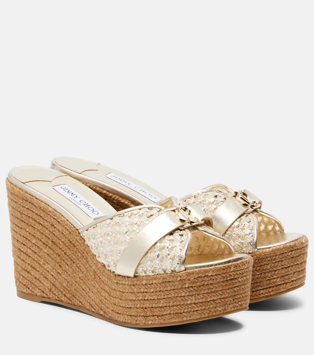 Jimmy Choo - Leda raffia-trimmed leather wedge espadrilles