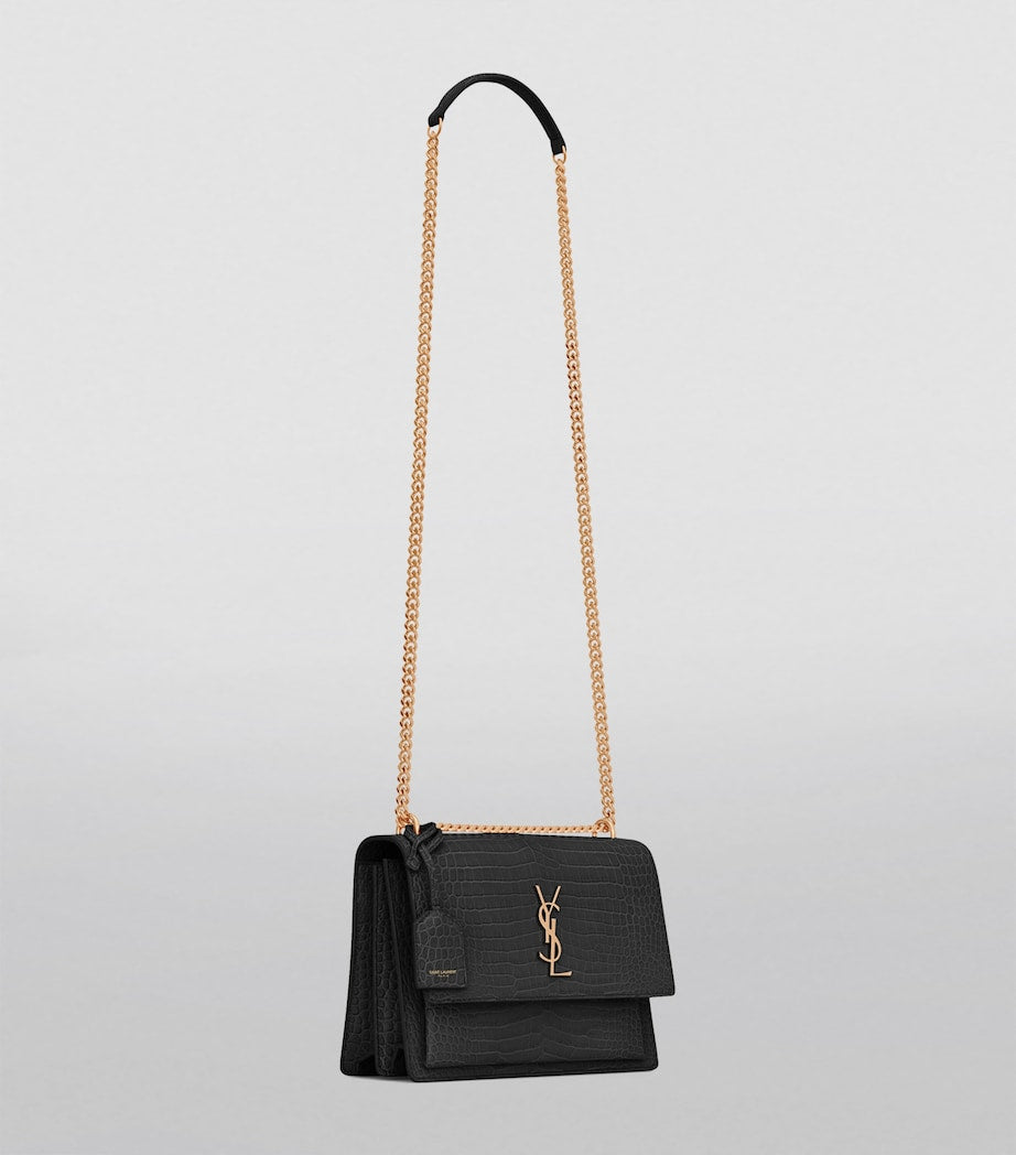 Saint Laurent Black Medium Sunset Croc-Embossed Shoulder Bag