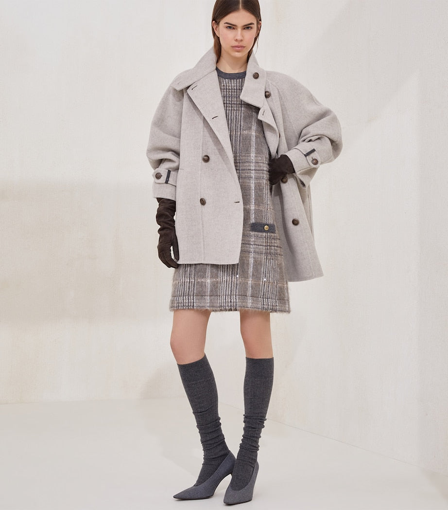 Brunello Cucinelli White Wool-Blend Checked Mini Dress