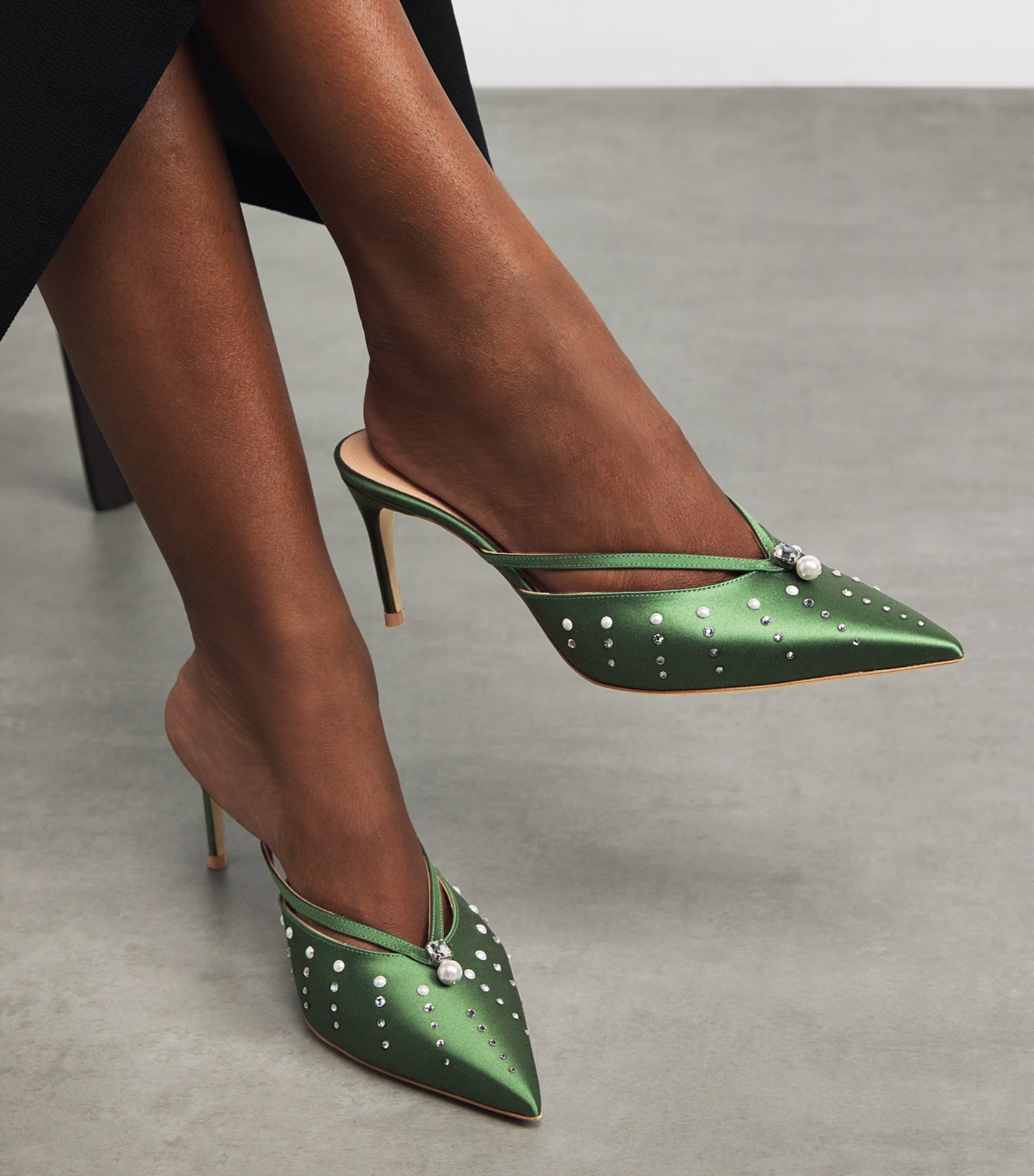 Malone Souliers Green Satin Embellished Marisa Mules