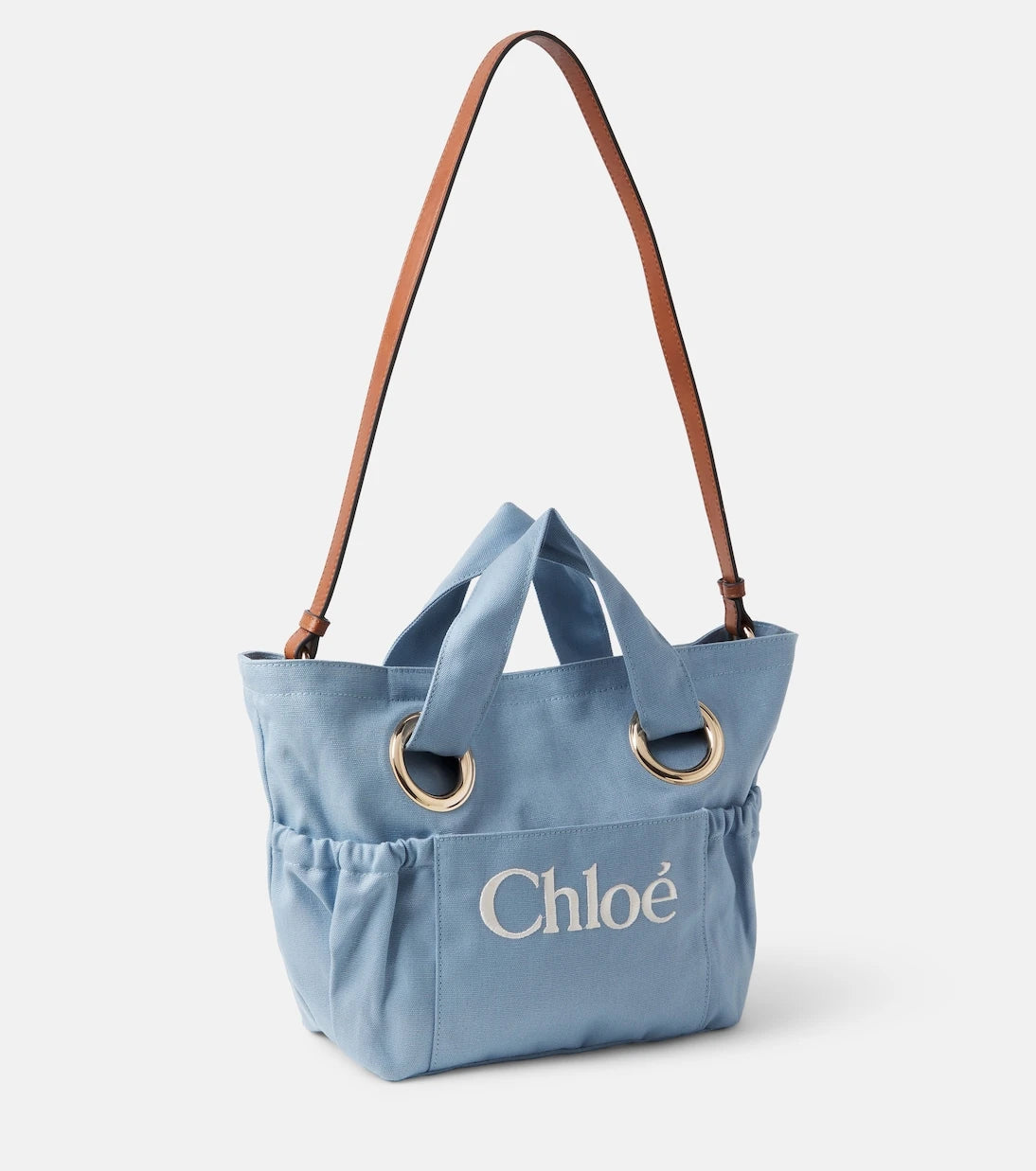 Chloé Kids - حقيبة سلة من الكانفاس بحواف جلدية وشعار العلامة