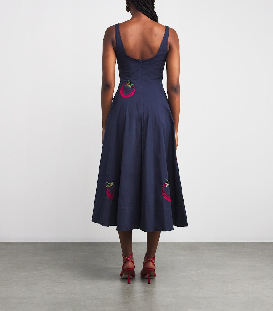 STAUD Navy Tomato-Embroidered Wells Midi Dress