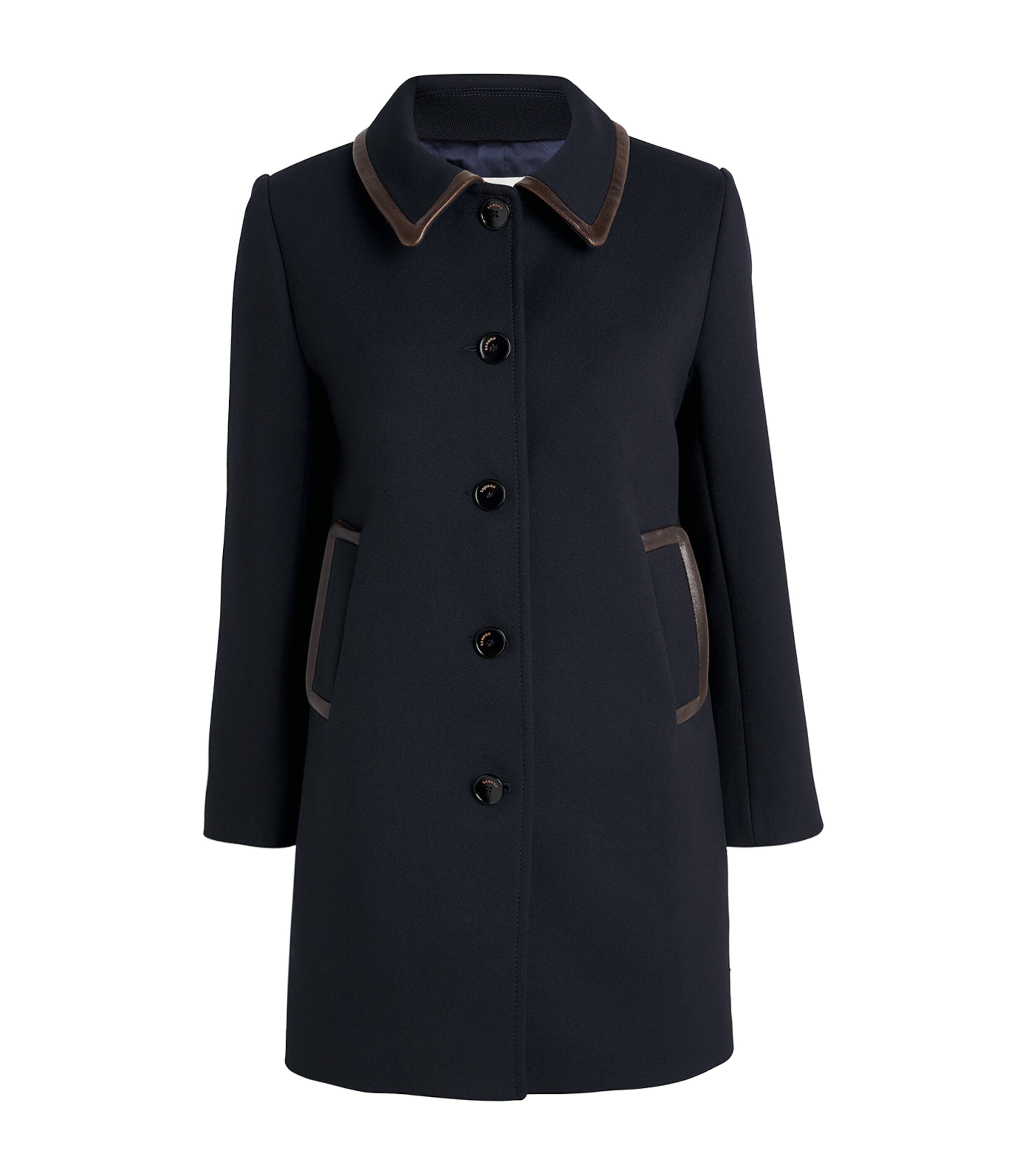 Twill Leather-Trim Coat NAVY BLUE