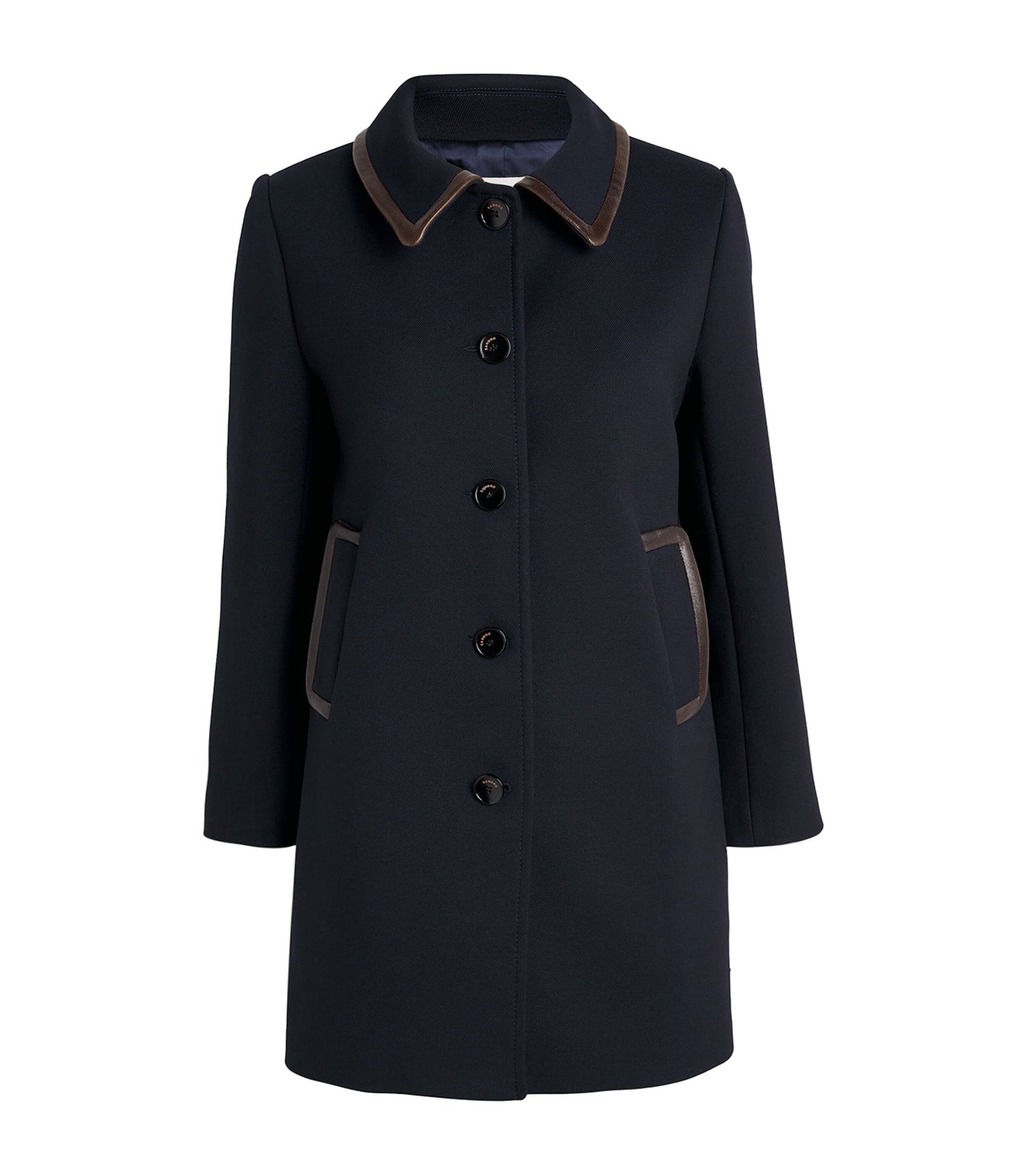 Twill Leather-Trim Coat NAVY BLUE