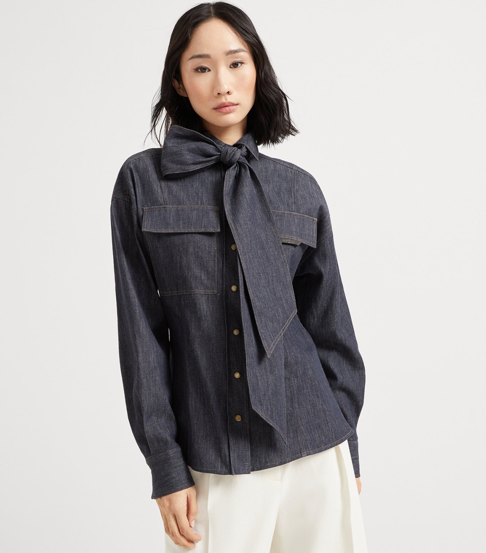 Brunello Cucinelli Blue Denim Pussybow Shirt