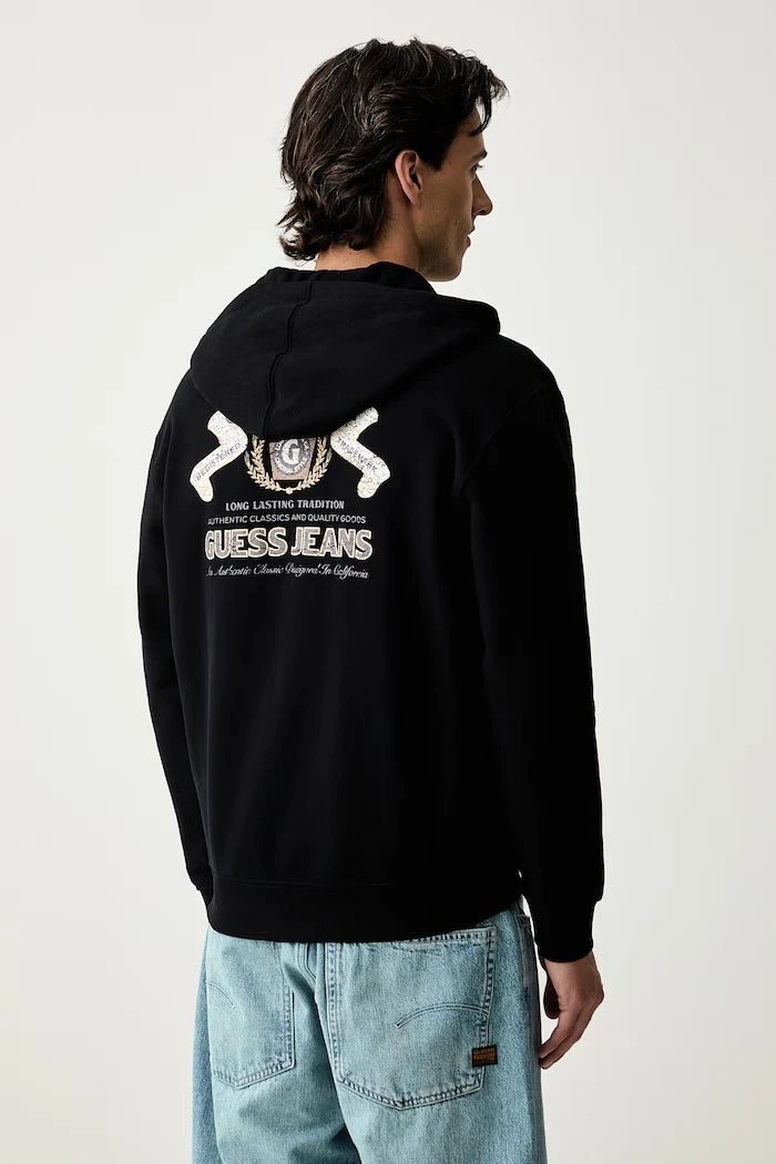 Guess Jeans pamuklu fermuarlı kapüşonlu erkek sweatshirt
