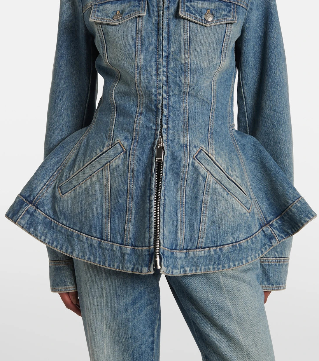 McQueen - Peplum corduroy-trimmed denim jacket