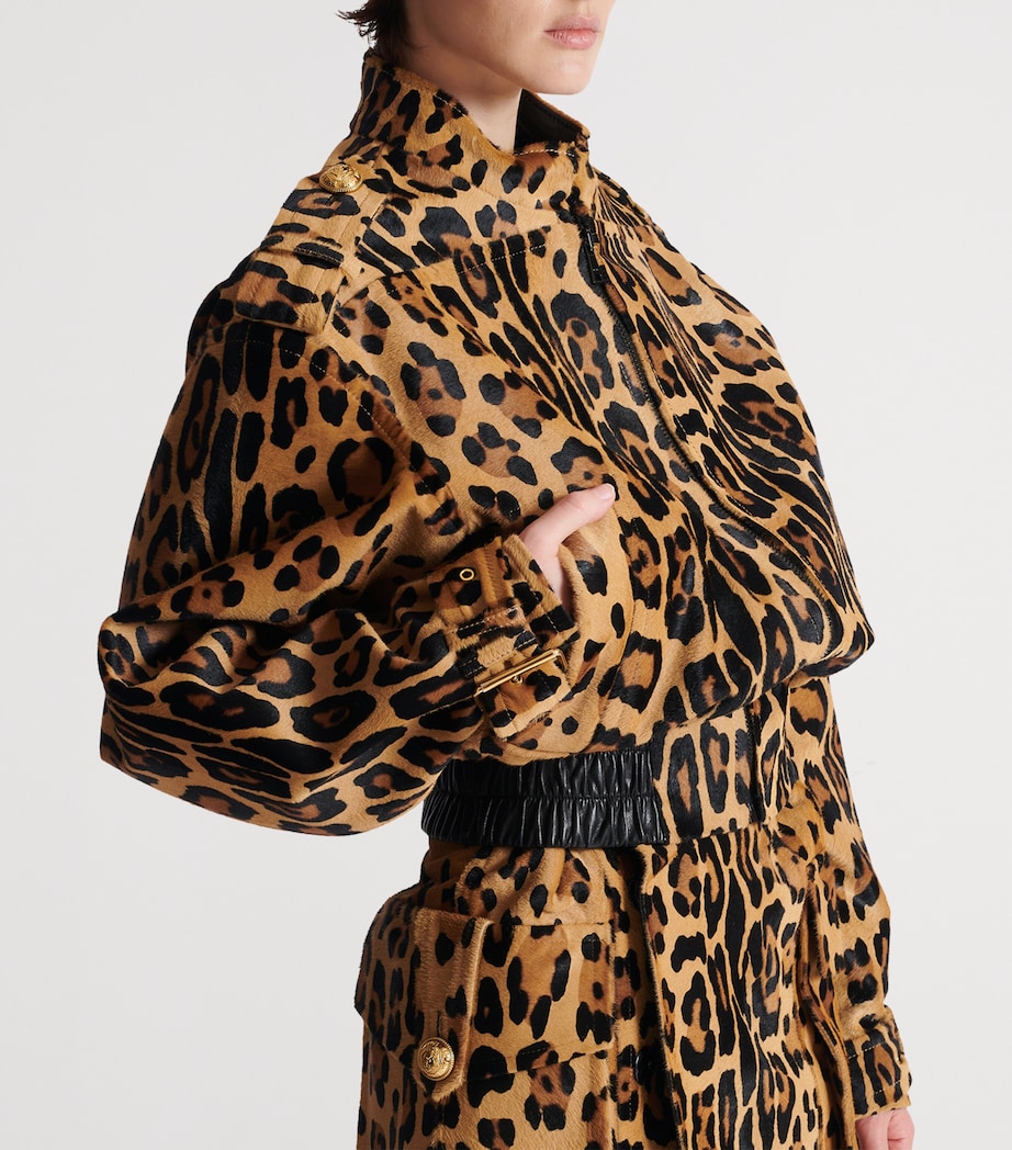 Balmain Brown Suede Leopard Print Bomber Jacket